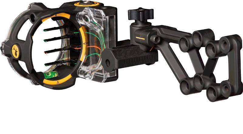 lot 35206 image: Trophy Ridge React H4 Bow Sight - 4 Pin Sight, Tool Less Windage and Elevation Adjustability, 2nd Axis Leveling, Adjustable Click Light, Black - Retail $110