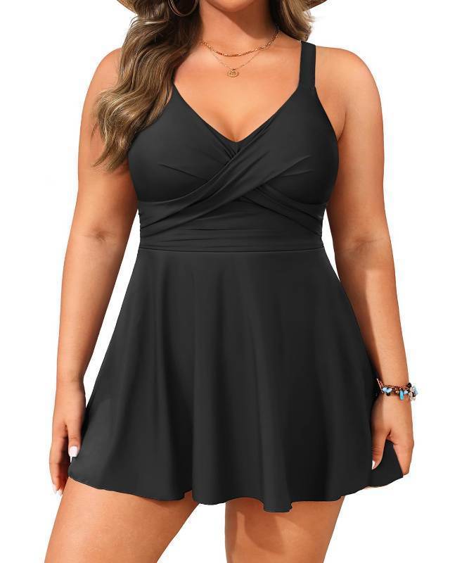 lot 16053 image: Aqua Eve Plus Size Swim Dress - Two Piece Tankini Swimsuit Tummy Control Bathing Suit with Shorts 2025 Black 22W - Retail $42