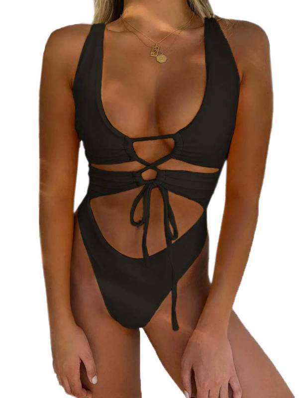 lot 26435 image: Womens Black Sexy Cutout Lace Up Backless High Cut One Piece Swimsuit Monokini S - Retail $34