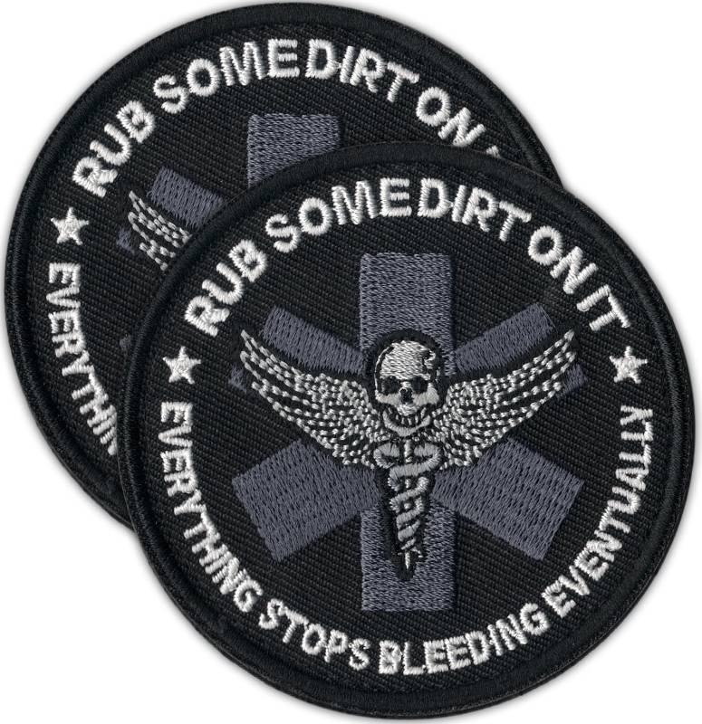 lot 35998 image: Rub Some Dirt On It Patch (2-Pack)  Funny Medic EMT Morale Patches for Backpacks, EMS Paramedic Military Patch for IFAK, Plate Carrier, Vest, Backpack, etc. - Retail $8