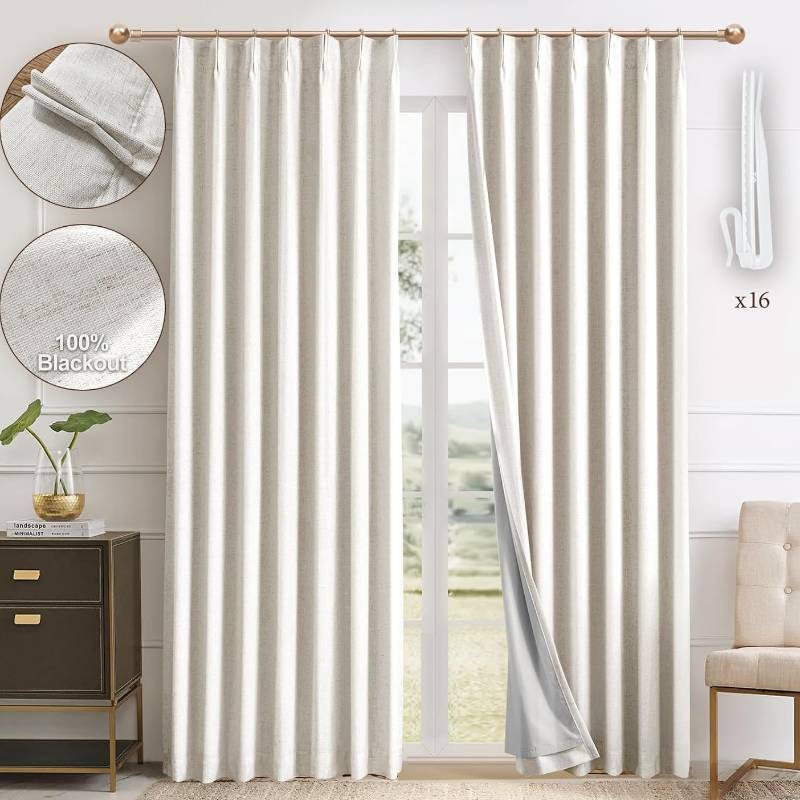 lot 45019 image: Natural Pinch Pleated 100% Blackout Linen Curtains 90 Inch Length for Bedroom, Black Out Pinch Pleat Curtains for Living Dining Room Darkening Thermal Insulated Drapes with 16 Hooks, 2 Panels - Retail $47