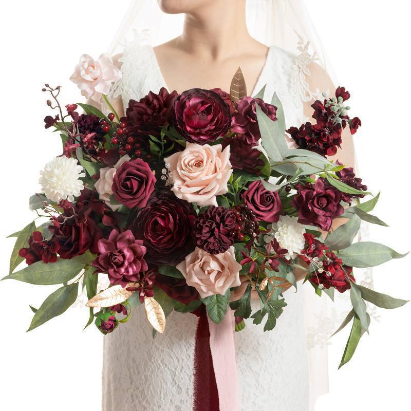 lot 26598 image: Lings Moment Red Wedding Bouquets for Bride, Burgundy and Blush Bridal Bouquets for Bride,17 Inch Free Form Artificial Wedding Flower Bouquet - Retail $114