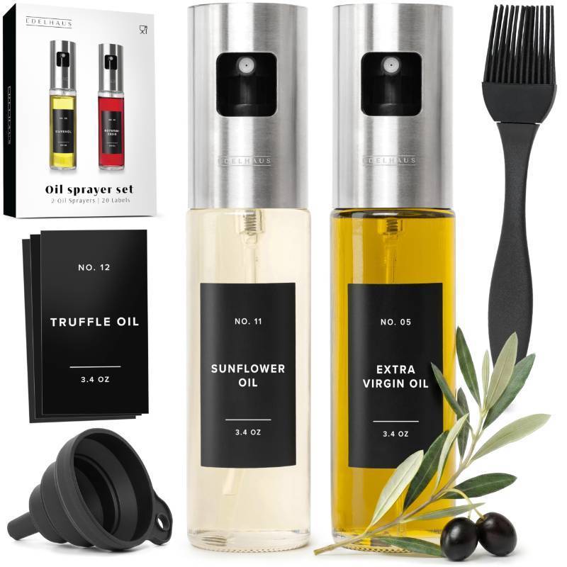 lot 62507 image: Oil Sprayer Set of 2 Oil Spray Bottle Made of Stainless Steel & Glass, for Healthy Cooking, Sprayer for Precise Dosage, for Cooking Oil & Vinegar Including (Silver Lids, 2 Pack) - Retail $20