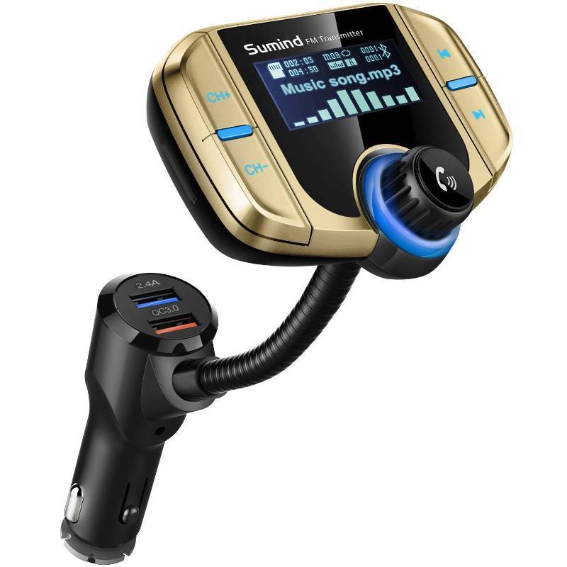 lot 62516 image: Wireless Bluetooth Car Adapter FM Transmitter, 1.7 LCD Display, Flexible Gooseneck, 20W QC3.0&Dual USB Ports, AUX InputOutput for Hands-Free Call, MicroTF Card(Golden,Normal) - Retail $24