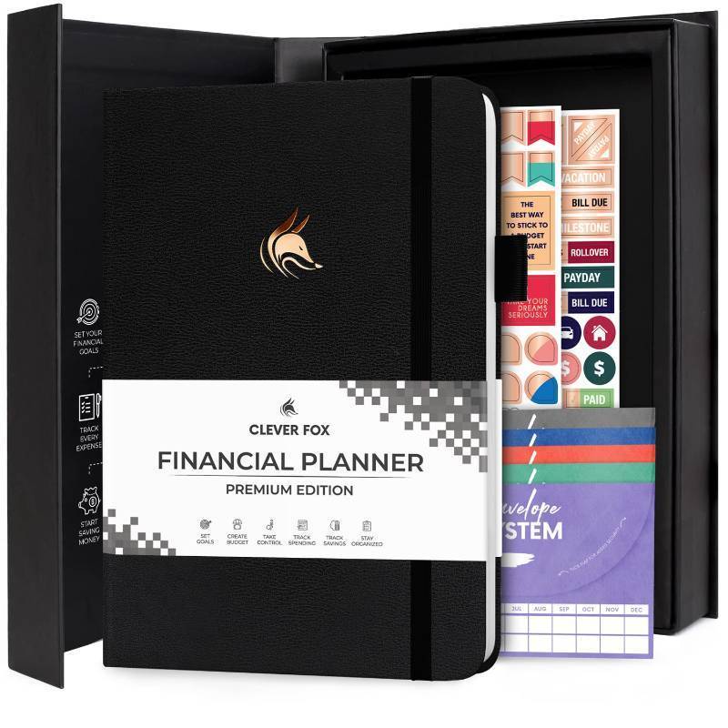lot 62518 image: Clever Fox Budget Planner Premium Edition Expense Tracker Notebook  5 Cash Envelopes, Budget Planner Organizer Budget Book & Journal to Control Your Money, Undated A5 Hardcover - Retail $30