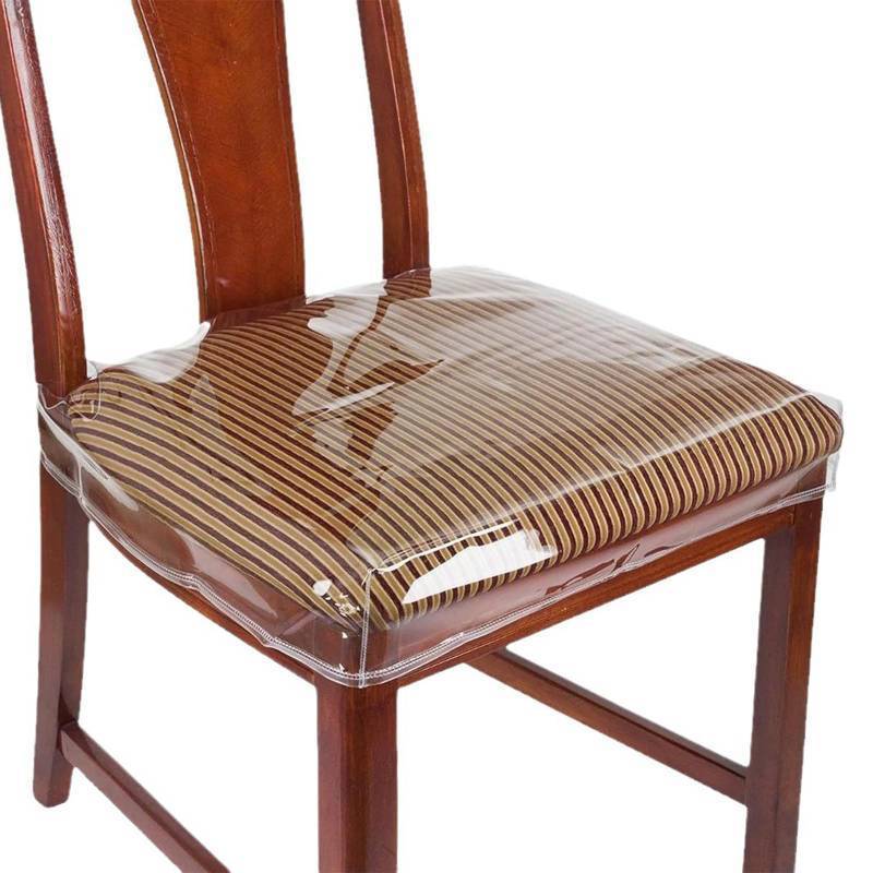 lot 62577 image: 4 Pack Large Plastic Chair Covers for Dining Room Clear PVC Kitchen Chair Seat Protectors with Adjustable Belt Strap for 20.3x17 Standard Chairs, Stain, Water and Kitty Scratch Resistant - Retail $14