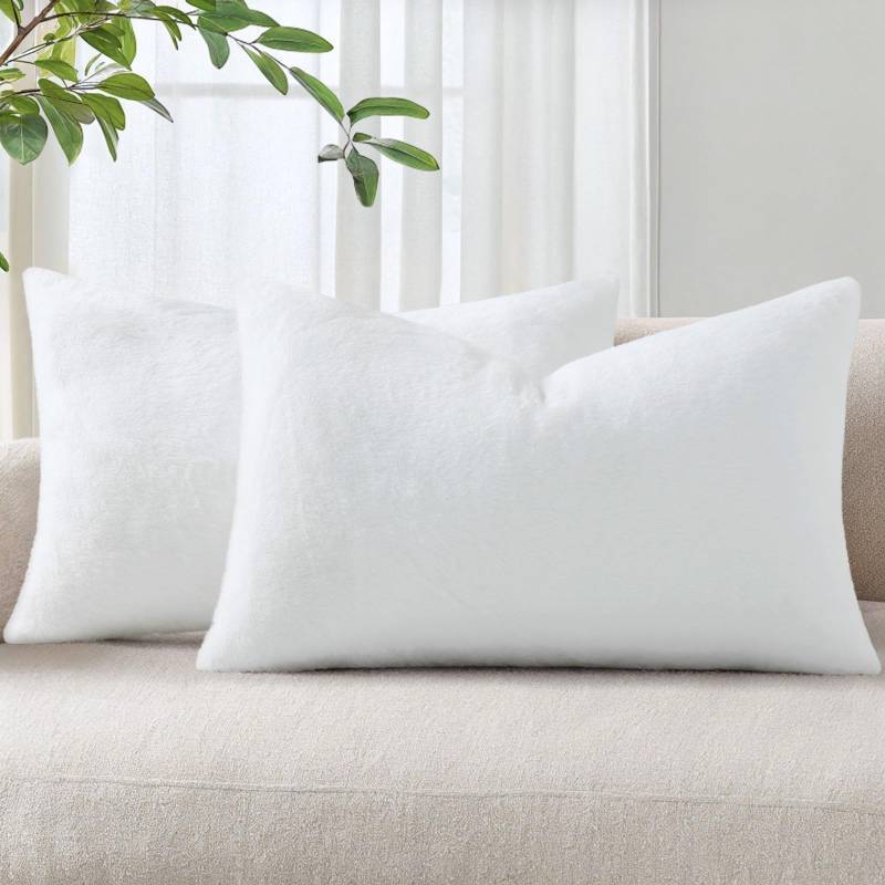 lot 62578 image: Faux Fur Plush Lumbar Spring Throw Pillow Covers 12x20 Set of 2, Soft Fluffy Couch Pillow Covers for Living Room, White - Retail $13