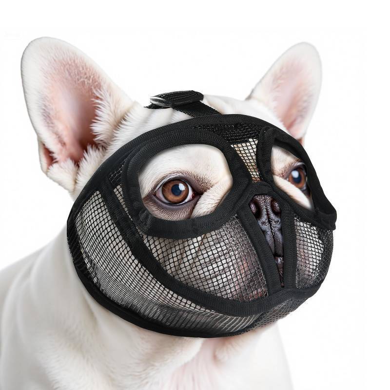 lot 62591 image: French Bulldog Muzzle with Breathable Mesh, Soft Short Snout Dog Muzzle for Small Medium Large Dogs Grooming Training(M,Black) - Retail $13
