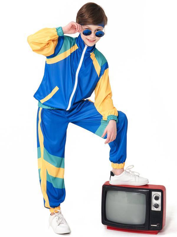 lot 62598 image: Kids 80s Tracksuit Hip Hop Costume Retro Sportswear Sets 80s Colorblock Jacket Outfits for Boys Girls - Retail $32