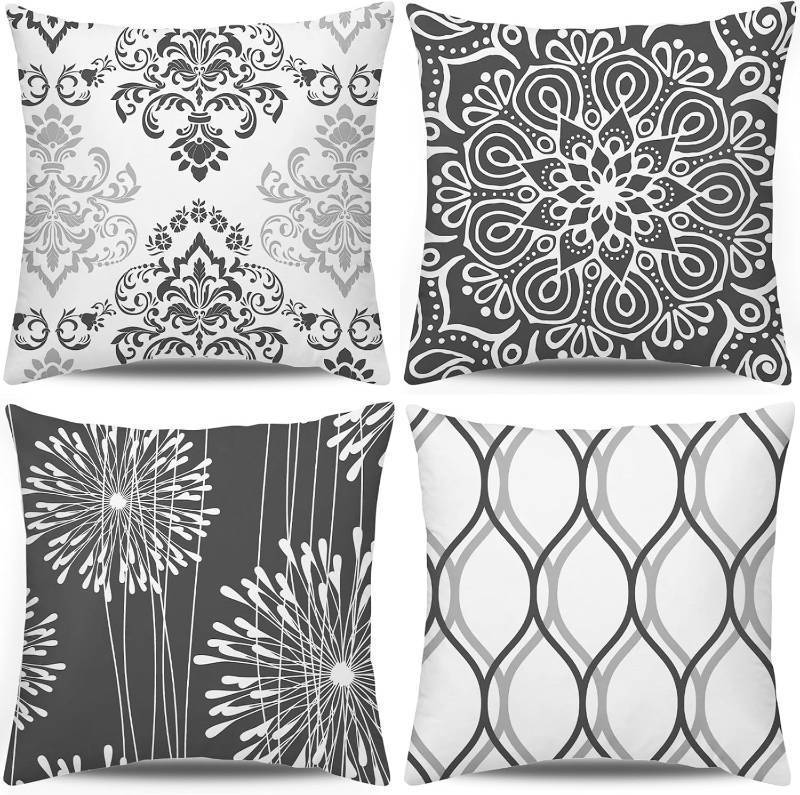 lot 62617 image: Decorative Throw Pillow Covers 16x16 Set of 4, Dark Grey and White Modern Simple Square Pillow Case Cushion Cover for Sofa Couch Farmhouse Outdoor Living Room - Retail $17
