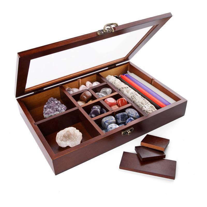 lot 62624 image: Adjustable Rock Display Case, Crystal Collection Box with Shelves, Wood Witchy Stones Organizer Storage,Gem Holder with Lid for Seashell, Collectibles, Wiccan Gift (Brown) - Retail $28