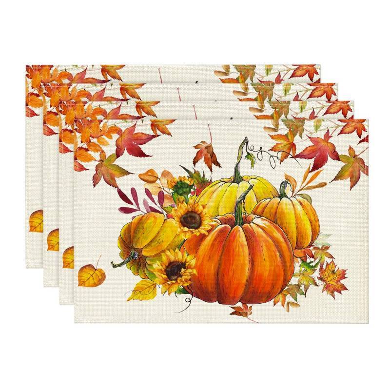 lot 62638 image: Pumpkins Maple Leaves Fall Placemats Set of 4, 12x18 Inch Seasonal Autumn Thanksgiving Table Mats for Party Kitchen Dining Decoration - Retail $2,076