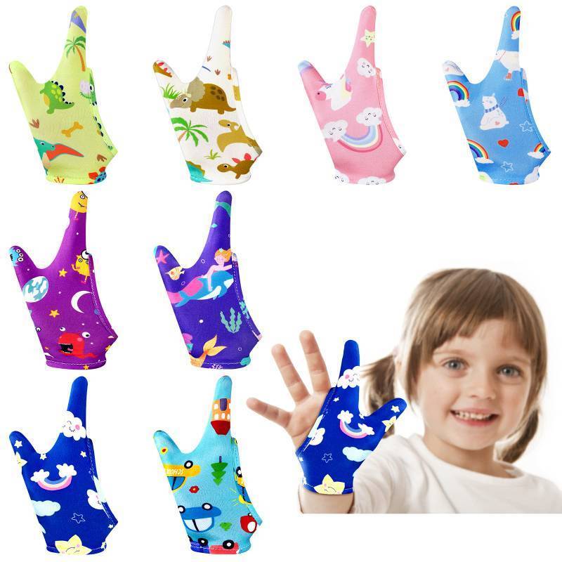 lot 62640 image: 16 Pcs Thumb Sucking Stop for Kids Chewy Gloves Stop Breathable Thumb Guard for Nail Biting Gloves Cute Finger Sucking Stopper for Kids, 8 Style, 2 Finger(3-6 Years) - Retail $20