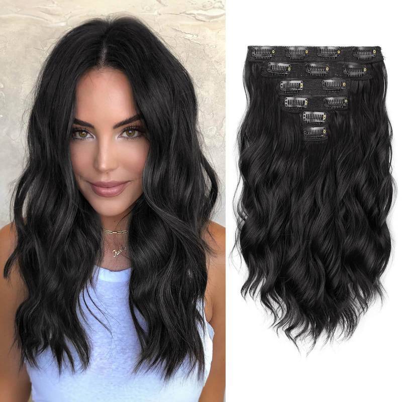 lot 62645 image: 14 Inch Clip In Hair Extensions, 6 Pieces Short Hair Extensions, Wavy Curly Synthetic Lace Weft, Lightweight Natural Volume for Women - Retail $22