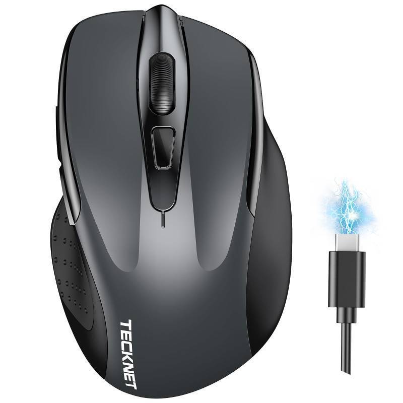 lot 62648 image: Wireless Mouse (BT5.03.0 & 2.4G) Rechargeable 4800 DPI Silent USB A & Bluetooth Mouse 6 Buttons, Wide Compatibility - Grey - Retail $15