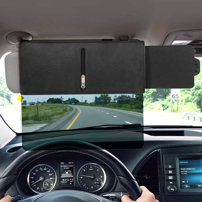 lot 62649 image: Sun Visor Extender for Car with 2 Side Sunshade, Polarized UV400 Visor Extender Attachment for Car Visor with PC Lens,Anti-Glare for Safe Driving (2 Side Panel) (Red Zipper, Driver Side) - Retail $56