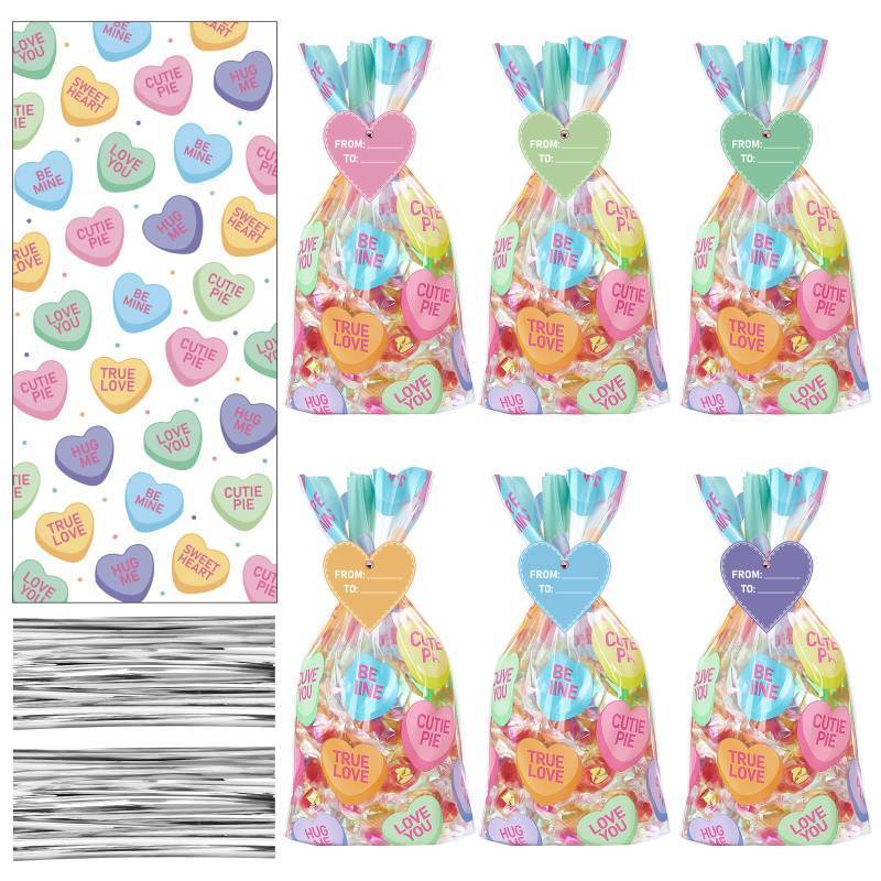 lot 62663 image: 220 Pcs Valentines Day Conversation Heart Cellophane Bags Bulk Set with 70 Valentines Treat Goodie Gift Bags 150 Heart Gift Tags for Valentines Wedding Party Favor Supplies (5 x 7 Inches) - Retail $21