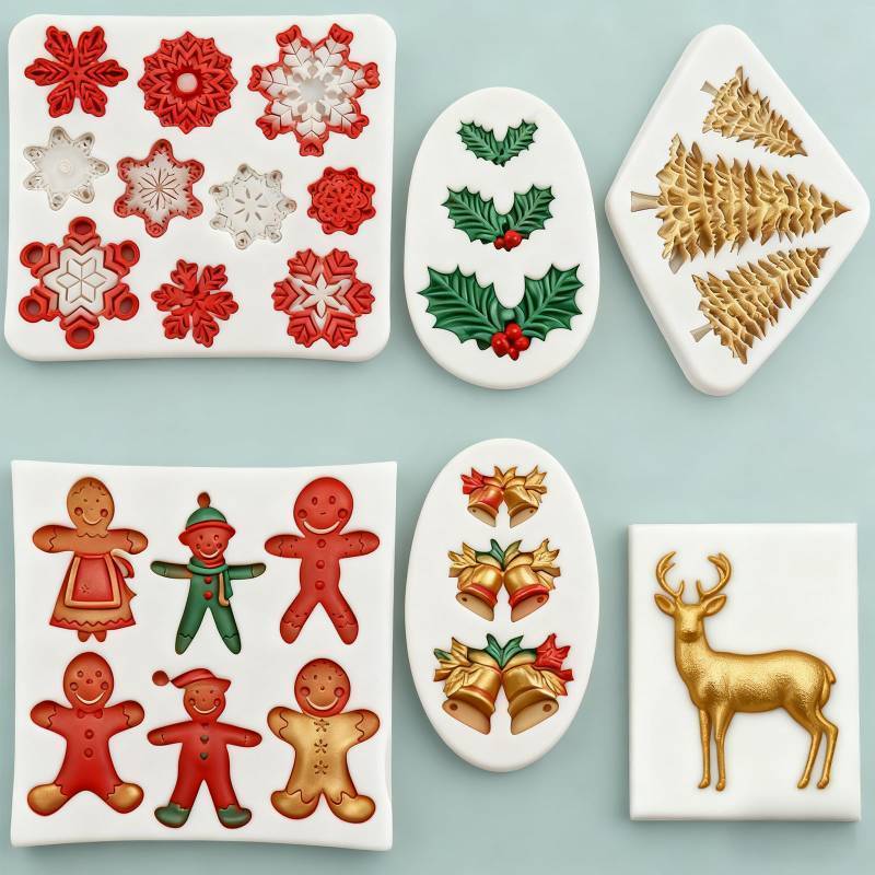 lot 62674 image: 6Pcs Christmas Fondant Molds Silicone Candy Molds Set Snowflake Snowman Xmas Tree Reindeer Santa Claus Holly Bells Candy Cane Chocolate Mould for Pudding Jelly Cake Cupcake Topper Decoration (White) - Retail $13