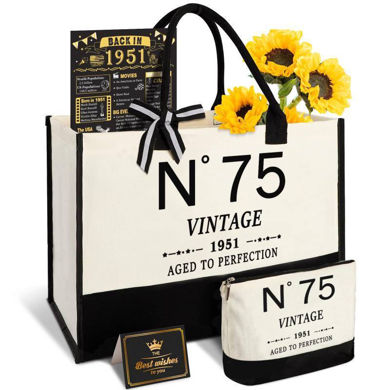 lot 62679 image: 75th Birthday Gifts for Women Canvas Tote Bag Travel Gear, Unique 75 Years Old Gifts for Wife Mom Sister Aunt Friends Her, Vintage N°75 Handbag & Cosmetic Bag & Back in 1951 Poster - Retail $23