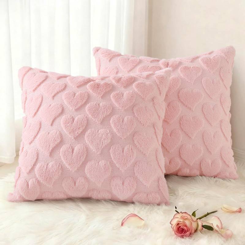 lot 62680 image: Valentine��s Day Soft Plush Throw Pillow Covers 20x20 Inch Set of 2, Faux Fur Pink Heart Decoration Neutral Square Pillow Covers for Couch Sofa Bed Cozy Farmhouse Holiday Decor - Retail $23