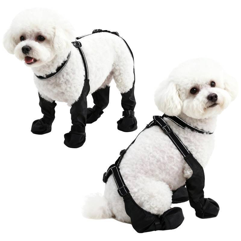 lot 62705 image: Waterproof Dog Boots for SmallMedium Dogs -Dog Paw Protectors Dog Suspender Boots Anti-Slip Pet Shoes for Outdoor Walking, Reflective Stay-On,Dirt-Proof Comfortable Booties (Black, New-S) - Retail $144