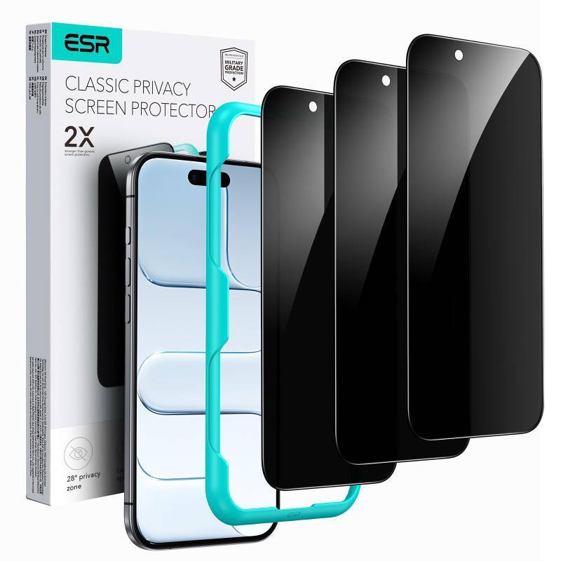 lot 62713 image: ESR 3 Pack for iPhone 15 Pro Privacy Screen Protector, Anti-spy Tempered-Glass Privacy Screen Protector, Micro-curved Edges, Case Friendly - Retail $10