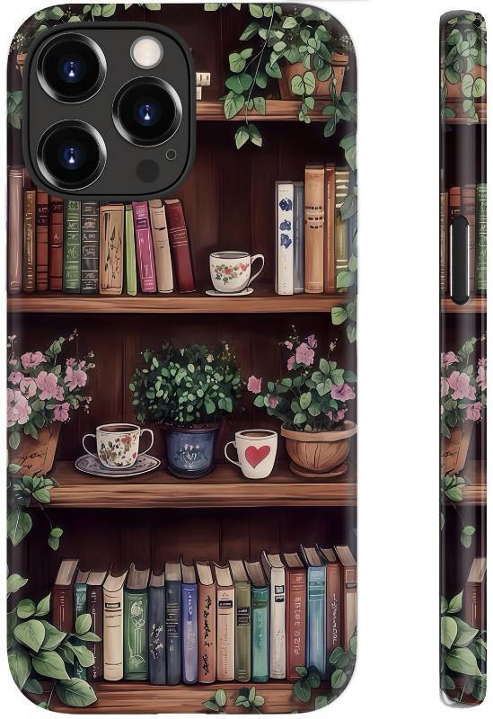 lot 62717 image: iPhone 15 Pro Case,Wireless Charging Compatible,Dual-Layer - Soft Silicone Inner  Hard Outer Shell,Cute Wildflower Design,Protective Phone Cover for Women - Vintage Bookshelf Floral - Retail $19