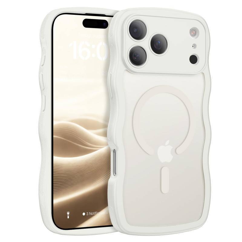 lot 62718 image: iPhone 17 Pro Case, Cute Wavy Full Camera ProtectionCompatible with MagSafe Matte Anti-Slip Bumper Women Girls Boys Protective Cover for 17 Pro 6.3, Grey White - Retail $16