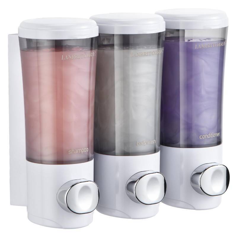 lot 62724 image: Shampoo and Conditioner Dispenser,Shower Dispenser 3 Chamber No Drill Shampoo Dispenser for Shower Wall Mounted Shower Shampoo Dispenser Body Wash for Bathroom,Hotel,3  450ML,White(no lid) - Retail $18