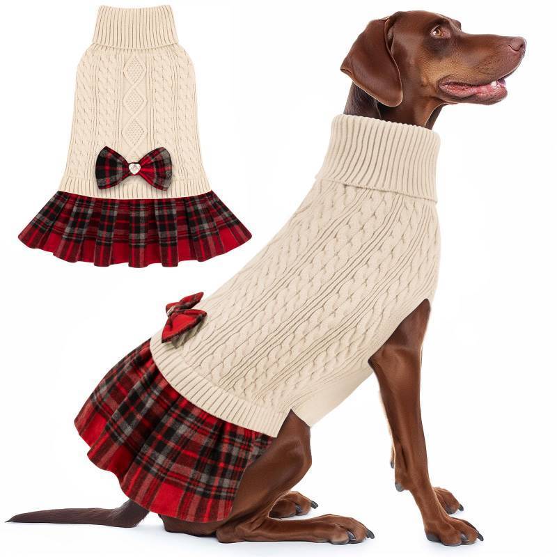 lot 62732 image: Dog Sweater Warm Comfy Pet Coats Stretchy Knitwear Pullover Dog Sweaters for Large Dogs Thick Dogs Clothes Soft Turtleneck Pet Sweater Dress with Bowtie for Cold Weather Winter(size-3xl) - Retail $26