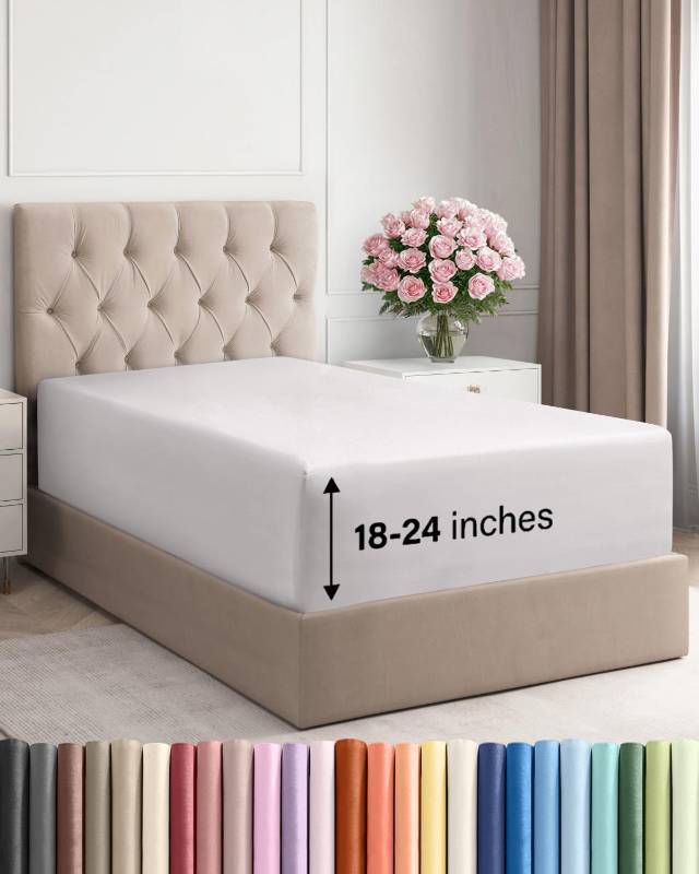 lot 62739 image: Extra Deep Twin Fitted Sheet - Hotel Luxury Single Fitted Sheet Only - Easily Fits 18 inch to 24 inch Mattress - Ultra Soft, Wrinkle & Fade Free wExtra Deep Pocket - Breathable & Comfy - French Grey - Retail $20