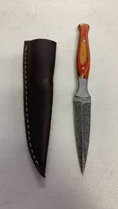 lot 23 image: Handcrafted Damascus Steel Fixed Blade Full Tang Knife Dagger with Sheath Hunting Fishing approx 8 inches