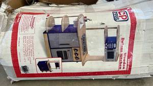 lot 17191 image: Wooden Play Kitchen Set with Microwave and Accessories - Retail $45