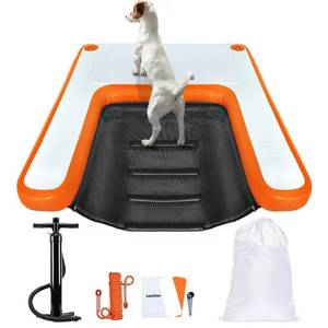 lot 17210 image: VOFiTNY Inflatable Dog Pool Ramp Portable Floating Ladder for Dogs, Puppy Docks, and Water Plank for Inground Pools and Lakes (4ft x 3.3ft x 4in, Orange) - Retail $130