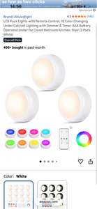 lot 17214 image: LED Puck Lights with Remote Control 16 Color Changing Under Cabinet Lighting 3 Pack - Retail $15