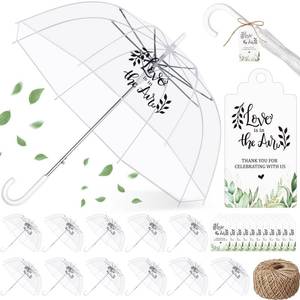 lot 17231 image: Aliceset 12 Pack Clear Wedding Bubble Umbrellas Bulk 46 Large Canopy Love Is in The Air Transparent Stick Umbrella with Tags and Rope Rain Windproof J Hook Handle Auto Open for Wedding Prom Outdoor - Retail $48