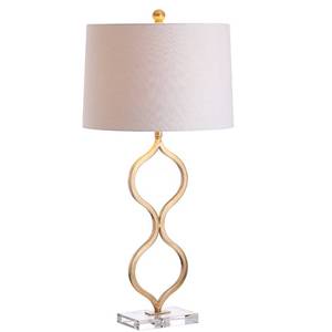 lot 17255 image: JONATHAN Y 31.5 Gold Curved Metal and Crystal Table Lamp, Modern Glam Bedside Lamp with White Linen Drum Shade for Living Room and Bedroom, LED Bulb Included JYL3028A - Retail $82