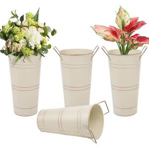lot 17258 image: Notakia 10.62 Inch Galvanized Metal Vases Farmhouse French Flower Bucket Vases for Cut Flowers for Home Decor and Wedding Table Centerpiece Decorations (Medium Size Beige 4Pcs) - Retail $42