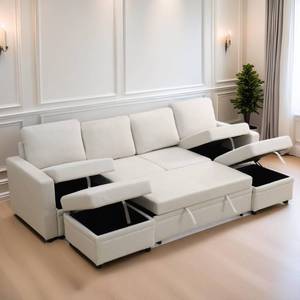 lot 17268 image: FONTOI Sectional Couch with Storage Seats, Convertible Sleeper Sofa Bed with Pull Out Bed, 6-Seat Large Modular U Shaped Couch Set with Ottoman for Living Room, Beige ZA - Retail $99