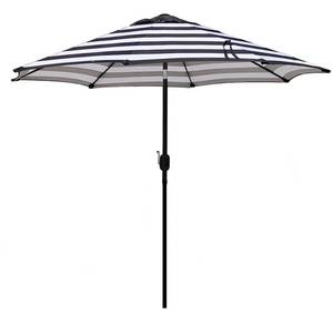 lot 17299 image: Blissun 9 Outdoor Patio Umbrella, Striped Patio Umbrella, Outdoor Table Umbrella, Market Umbrella with 8 Sturdy Ribs, Push Button Tilt and Crank (Black & White Stripe) - Retail $59
