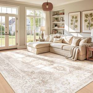 lot 17300 image: Area Rug 9x12 Vintage Rug Large Washable Indoor Medallion Rugs Low Pile Distressed Floor Carpet Retro Accent Rug for Living Room Bedroom Kitchen Dining Table Home Office(Beige, 9x12) - Retail $120
