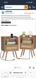 lot 17303 image: Wooden Nightstands Set with Charging Station and Rattan Drawer ( OPEN BOX - ONLY HAS 1 LEG ) SEE PICS - Retail $80