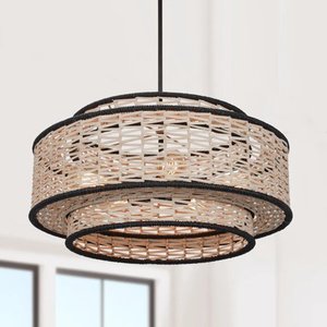 lot 14196 image: Prime Ray 22 in. 5-Light Black Tiered Natural Rattan Pendant Chandelier Light- Retail $130