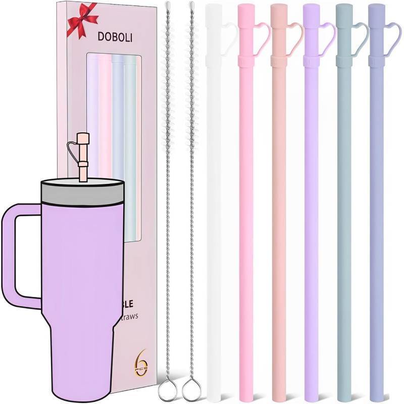 lot 1980 image: Reusable Replacement 12 inch Long Silicone Straw With Cover, Stocking Stuffers Gifts for Women Men Teens Girls Boys, Compatible with Stanley Tumbler Cup Accessorie 40 oz 30 oz (6 Pack)