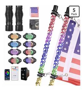 lot 1724 image: 2PCS 3FT LED Whip Light and 8 Pods Rock Light Kit with Spring Base, Switch, Remote and App Control,Universal for UTV ATV RZR Polaris SXS Can-Am