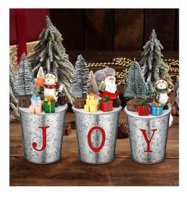 lot 1775 image: 3 Pcs Christmas Joy Table Decorations Vintage Tin Buckets Small Xmas Tree Indoor Mini Artificial Trees Plants with Santa Snowman Desk Decor for Tabletop Centerpiece Office, 7.08 x 3.93 Inch