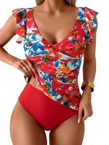 lot 1900 image: Aidonger Tankini Swimsuit for Women Tummy Control Two Piece Bathing Suit Ruched Ruffle Swimwear Top with Bottom - L