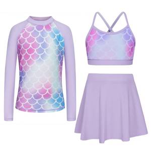 lot 1907 image: Seanrui Girls Swimsuit 3 Piece Rash Guard Long Sleeve Tankini Bathing Suits with Swim Skirt 7-8Y Gradient Mermaid