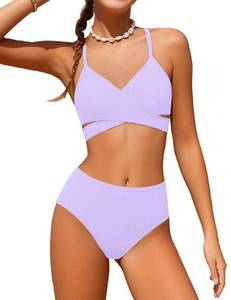 lot 1909 image: Purple Girls Swimsuits Size14 Girl Bikini Size 12-14 Two Piece Solid Color Bathing Suits for Teens V-Neck Adjustable Shoulder Straps Criss Cross Girls Swimwear