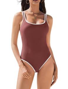 lot 1913 image: AIMAGE Womens One Piece Swimsuit Ribbed High Cut Bathing Suit Color Block Sport Swimwear with Adjustable Strap Brown,M